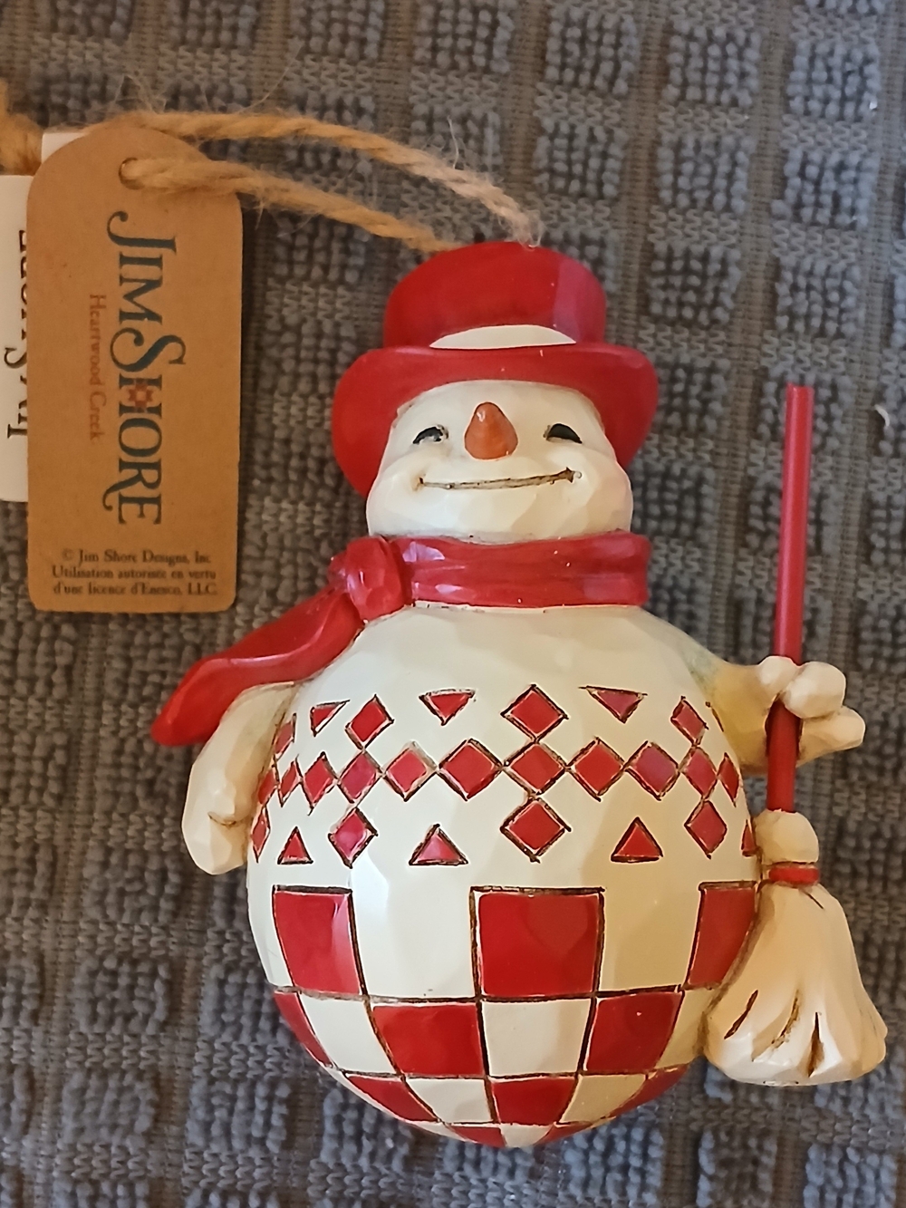 Jim Shore Red and Cream Checkered Snowman Ornament